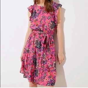 LOFT Pink Mixed Flutter Sleeve Fluff Hem Floral Mini Dress